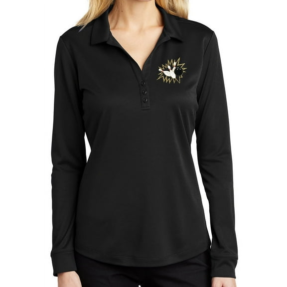 Ladie's Crashing Bowling Pins Long Sleeve Polo Shirt, Large Black