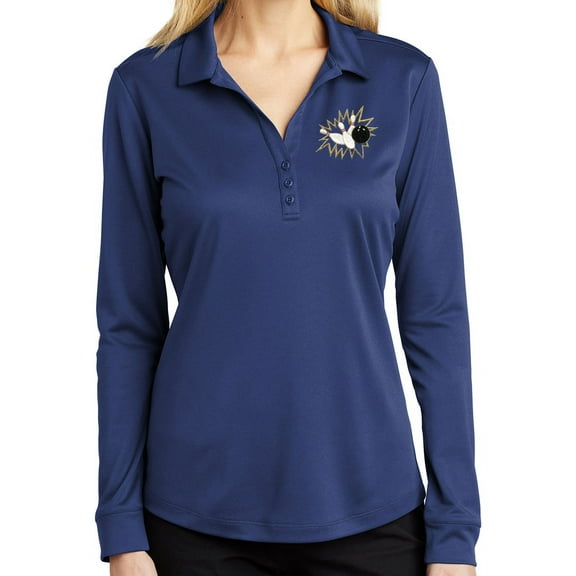 Ladie's Crashing Bowling Pins Long Sleeve Polo Shirt, Large Royal