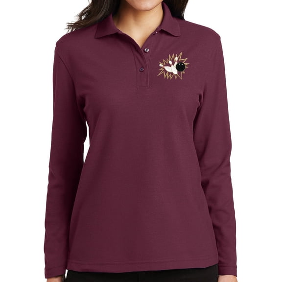 Ladie's Crashing Bowling Pins Moisture-Wicking Long Sleeve Polo Shirt, Large Burgundy