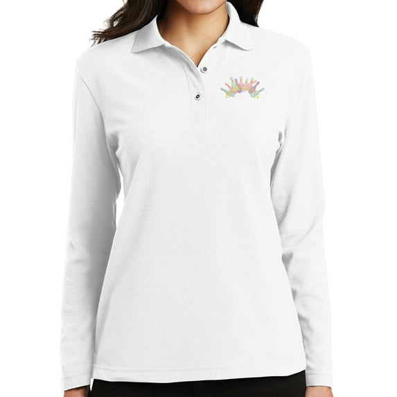 Ladie's Crashing Bowling Pins Moisture-Wicking Long Sleeve Polo Shirt, Large White