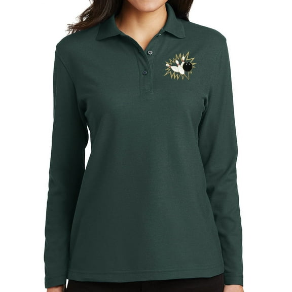 Ladie's Crashing Bowling Pins Moisture-Wicking Long Sleeve Polo Shirt, Small Dark Green