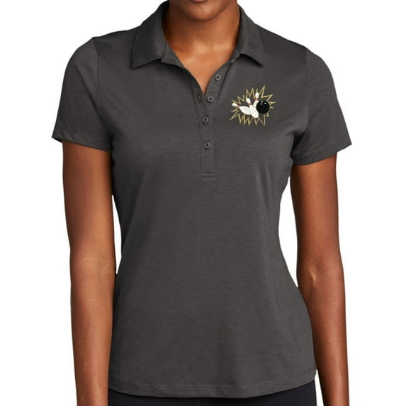 Ladie's Crashing Bowling Pins Moisture-Wicking Performance Polo Shirt, Extra Small Graphite Grey