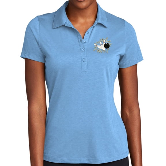 Ladie's Crashing Bowling Pins Moisture-Wicking Performance Polo Shirt, Large Carolina Blue