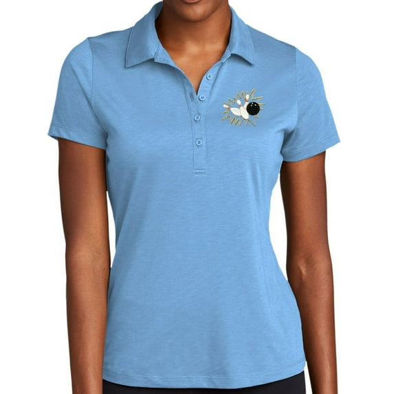 Ladie's Crashing Bowling Pins Moisture-Wicking Performance Polo Shirt, Medium Carolina Blue