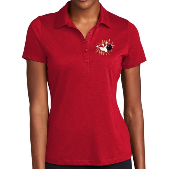 Ladie's Crashing Bowling Pins Moisture-Wicking Performance Polo Shirt, Medium Deep Red