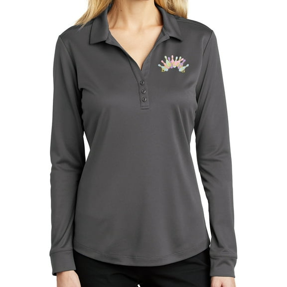 Ladie's Pastel Bowling Arch Long Sleeve Polo Shirt, Extra Small Steel Grey