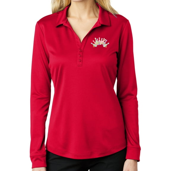 Ladie's Pastel Bowling Arch Long Sleeve Polo Shirt, Medium Red