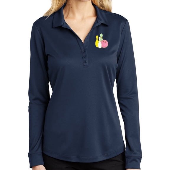 Ladie's Pastel Bowling Pins Long Sleeve Polo Shirt, Large Navy