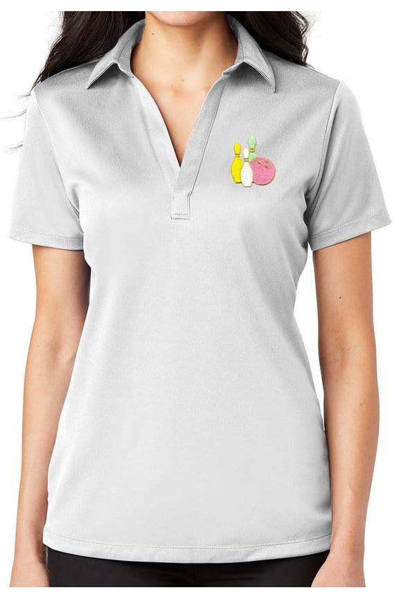 Ladie's Pastel Bowling Pins No Button Polo Shirt, 2XL White