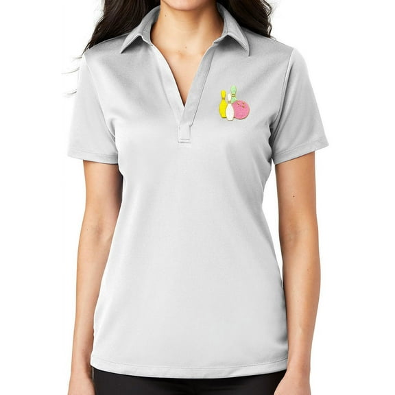 Ladie's Pastel Bowling Pins No Button Polo Shirt, 3XL White