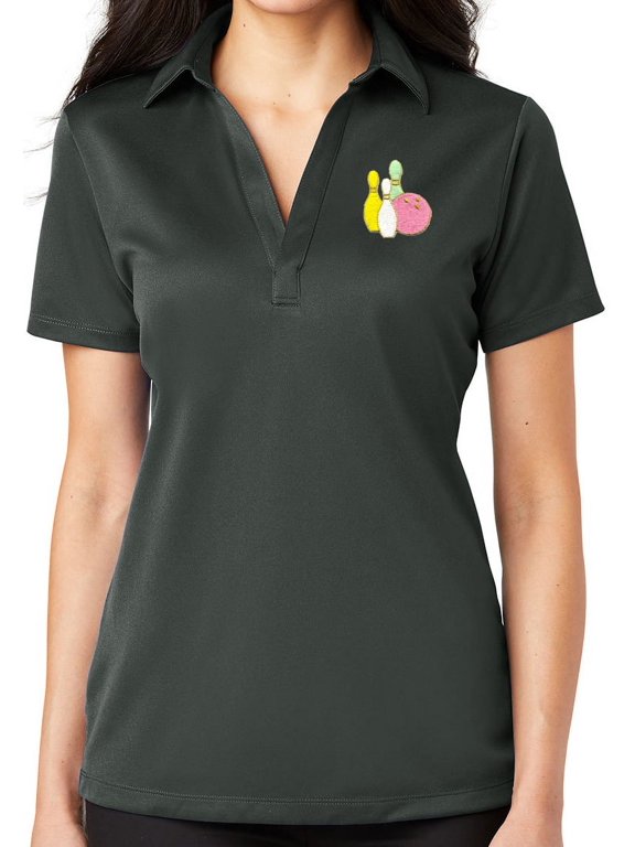 Ladie's Pastel Bowling Pins No Button Polo Shirt, Extra Small Steel Grey