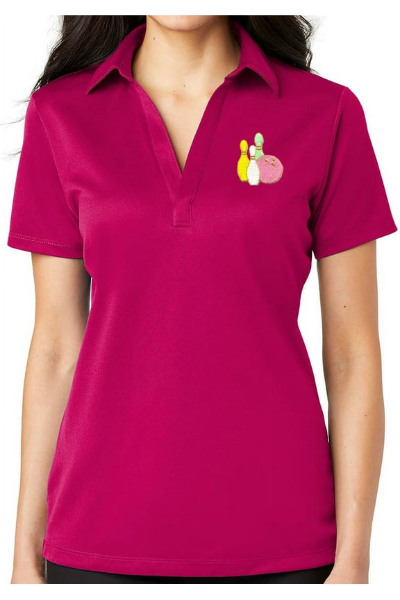 Ladie's Pastel Bowling Pins No Button Polo Shirt, Large Pink Raspberry
