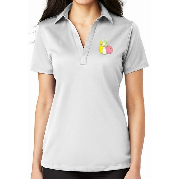 Ladie's Pastel Bowling Pins No Button Polo Shirt, Large White