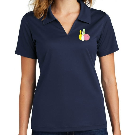 Ladie's Pastel Bowling Pins No Buttons Dri-Mesh Polo Shirt, Large Navy Blue