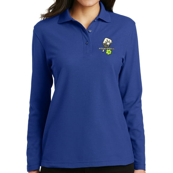 Ladie's Pickleball Patch Moisture-Wicking Long Sleeve Polo Shirt, Extra Small Royal