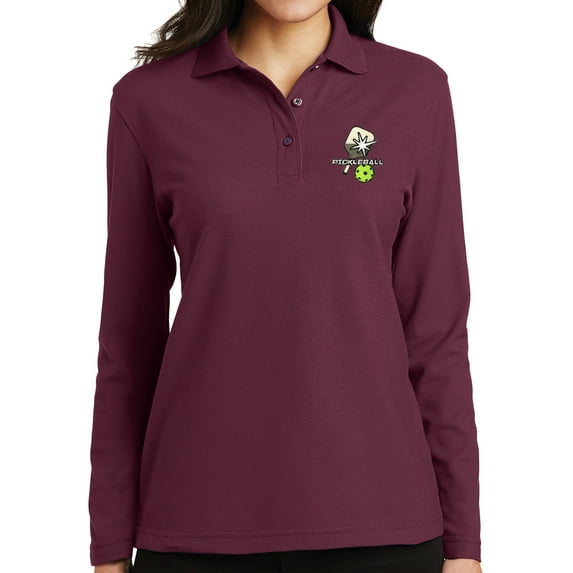 Ladie's Pickleball Patch Moisture-Wicking Long Sleeve Polo Shirt, XL Burgundy