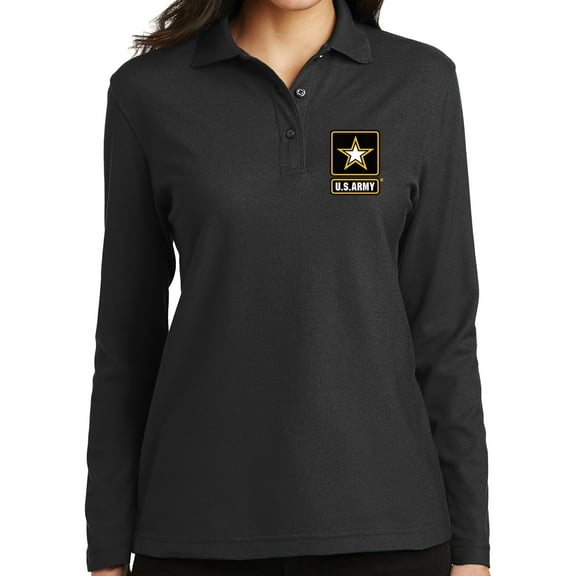 Ladie's US Army Logo Moisture-Wicking Long Sleeve Polo Shirt, 2XL Black