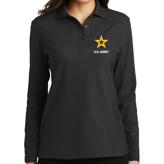 Ladie's US Army Star Logo White Moisture-Wicking Long Sleeve Polo Shirt, Medium Black