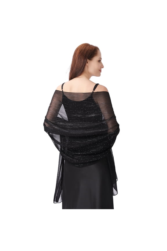 Chiffon Shawl with Silver Thread & Rhinestones for Women, Sparkly Wrap for Wedding, Banquet, Formal