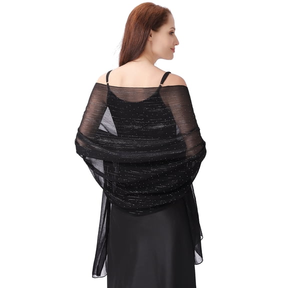 Ladiery Sheer Chiffon Scarf for Women, Sparkly Rhinestone and Silver Thread Wrap for Wedding and Banquet, Glamorous Style, Solid Pattern, Adult