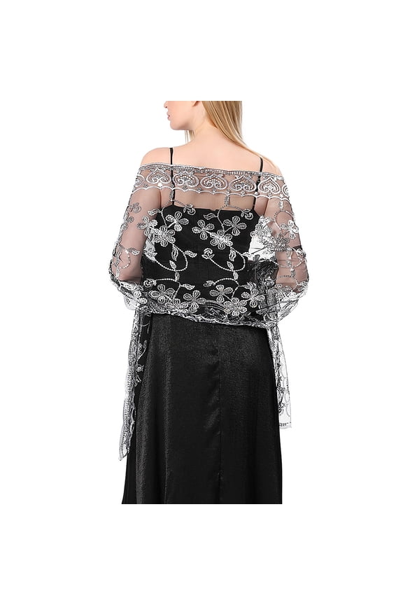 Sequin Floral Shawls and Wraps for Evening Dresses,Women sparkly Sheer Mesh Wedding Shawls for Evening Party