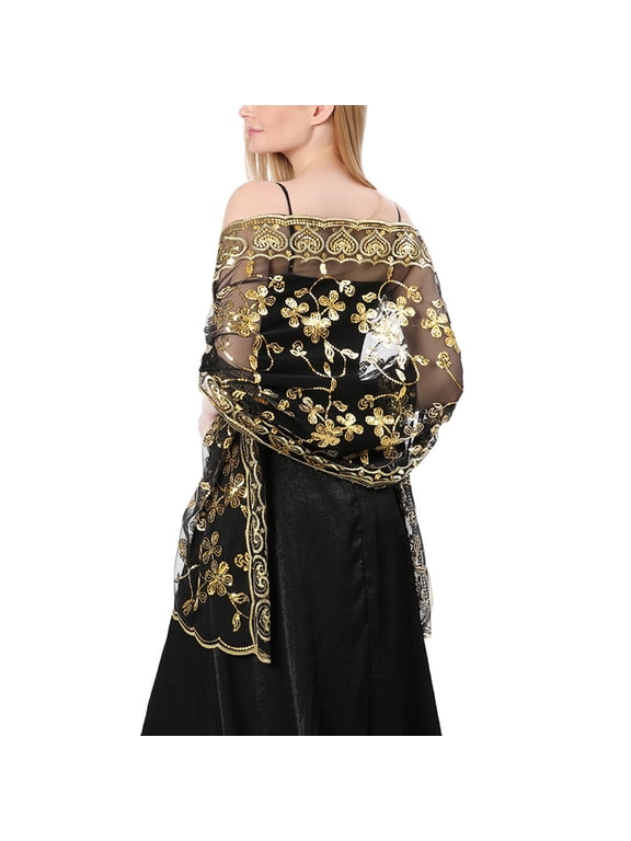 Sequin Floral Shawls and Wraps for Evening Dresses,Women sparkly Sheer Mesh Wedding Shawls for Evening Party