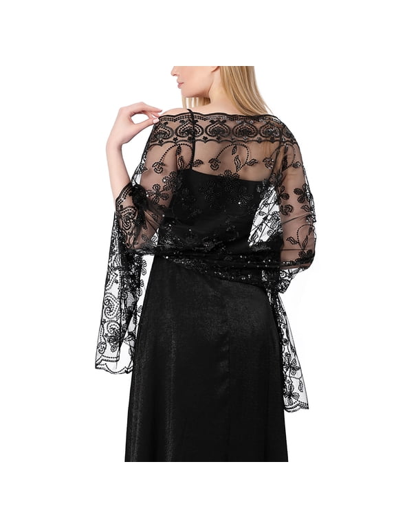 Sequin Floral Shawls and Wraps for Evening Dresses,Women sparkly Sheer Mesh Wedding Shawls for Evening Party