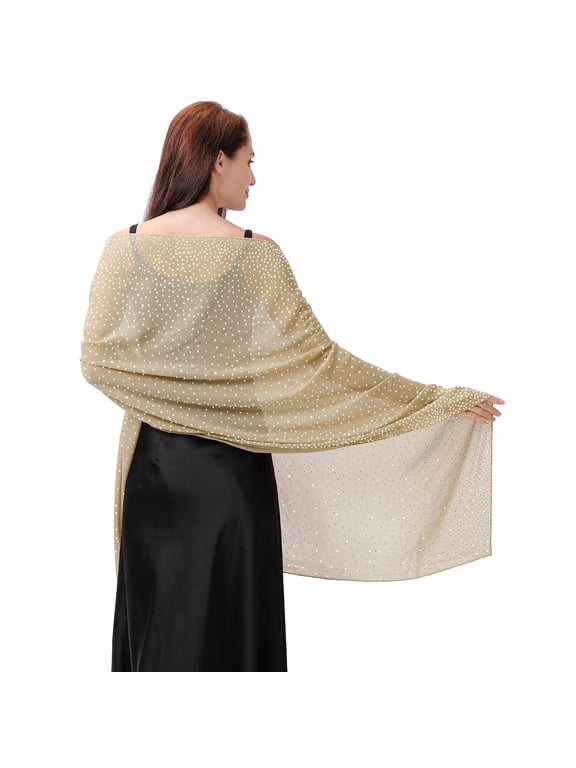 Sparkling Rhinestone Shawl for Women, Sheer Chiffon Wrap for Wedding and Evening Party, Elegant Formal Scarf, Glamorous Style, Solid Pattern, Adult