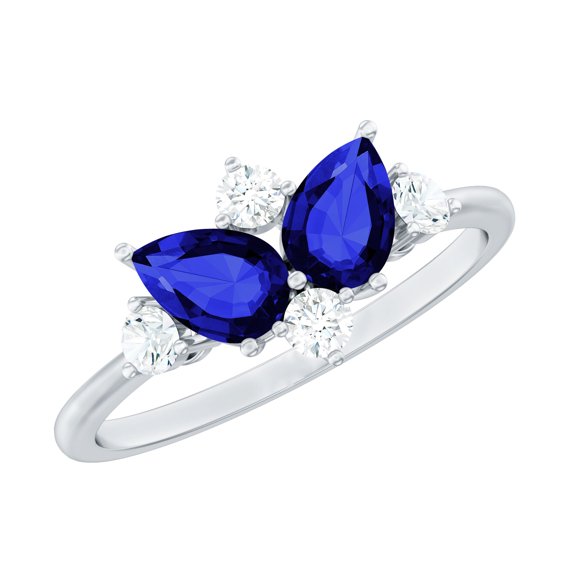 Rosec Jewels Lab Grown Blue Sapphire 2 Stone Engagement Ring (AAAA Grade) - Blue Sapphire Diamond Ring, with Jewelry Box, 925 Sterling Silver, US 3.00