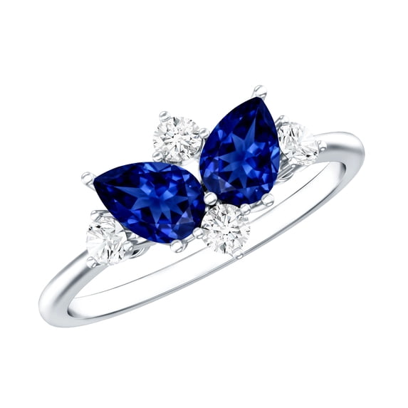 Rosec Jewels Lab Grown Blue Sapphire 2 Stone Engagement Ring (AAAA Grade) - Blue Sapphire Diamond Ring, with Jewelry Box, 14K White Gold, US 10.00
