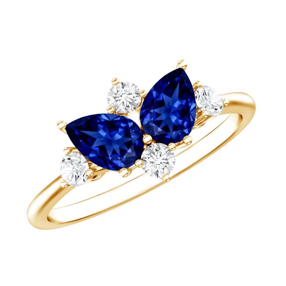 Rosec Jewels Lab Grown Blue Sapphire 2 Stone Engagement Ring (AAAA Grade) - Blue Sapphire Diamond Ring, with Jewelry Box, 14K Yellow Gold, US 5.00