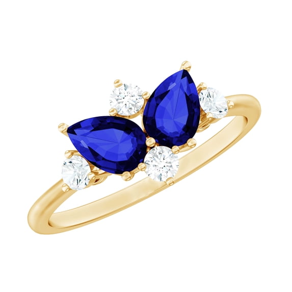Rosec Jewels Lab Grown Blue Sapphire 2 Stone Engagement Ring (AAAA Grade) - Blue Sapphire Diamond Ring, with Jewelry Box, 18K Yellow Gold, US 7.50