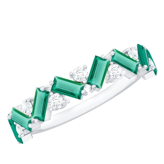 Rosec Jewels Baguette Lab Grown Emerald Half Eternity Ring - AAAA Quality - Emerald Diamond Ring - Ready to Gift for Women, 14K White Gold, US 4.00