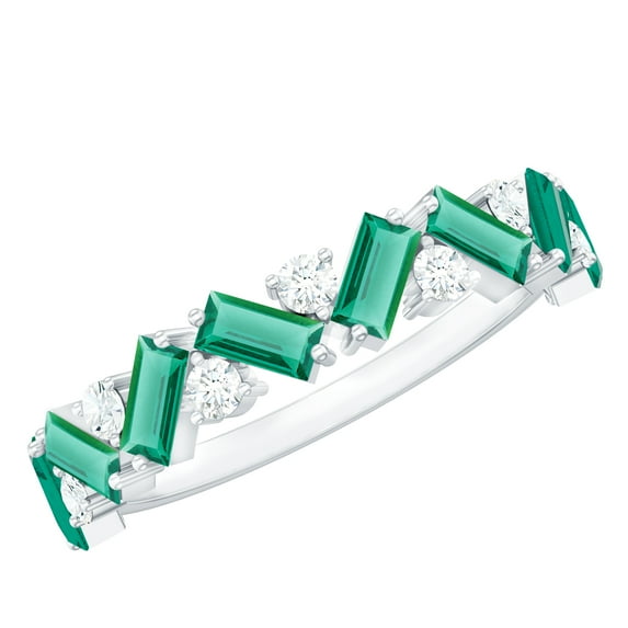 Rosec Jewels Baguette Lab Grown Emerald Half Eternity Ring - AAAA Quality - Emerald Diamond Ring - Ready to Gift for Women, 925 Sterling Silver, US 11.50