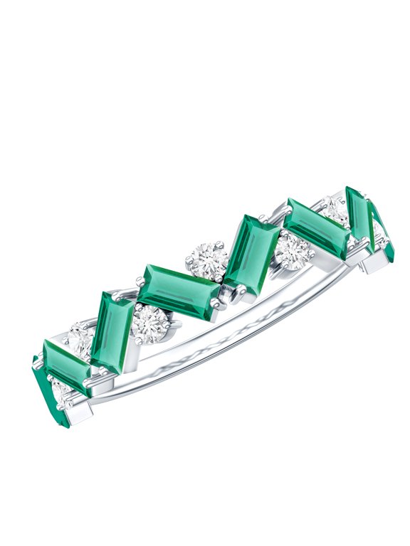 Baguette Lab Grown Emerald Half Eternity Ring - AAAA Quality - Emerald Diamond Ring - Ready to Gift for Women, 925 Sterling Silver, US 4.00