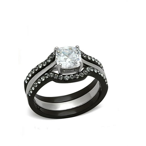 Ladies 1.75 Ct CZ Solitaire Stainless Steel Black Wedding Ring Set Size 7 NEW