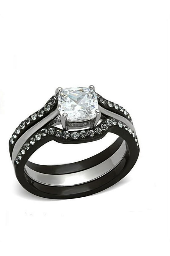 Ladies 1.75 Ct CZ Solitaire Stainless Steel Black Wedding Ring Set Size 8 NEW