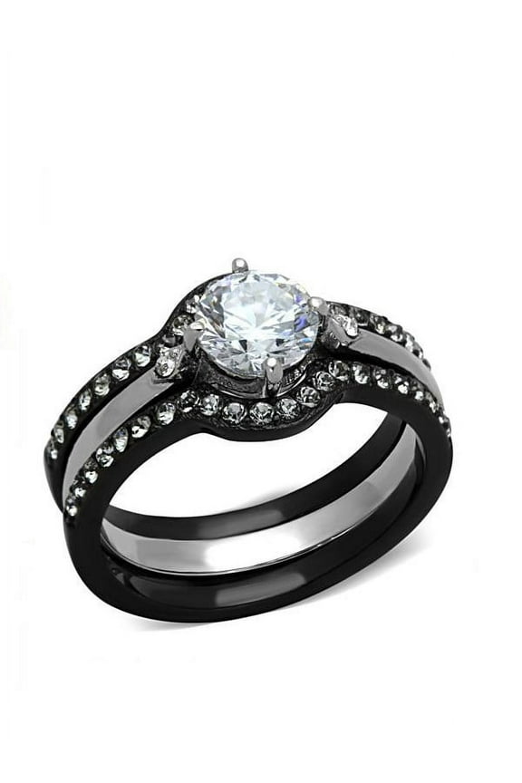 Ladies 1.85 Ct CZ Solitaire Stainless Steel Black Wedding Ring Set Size 7 NEW