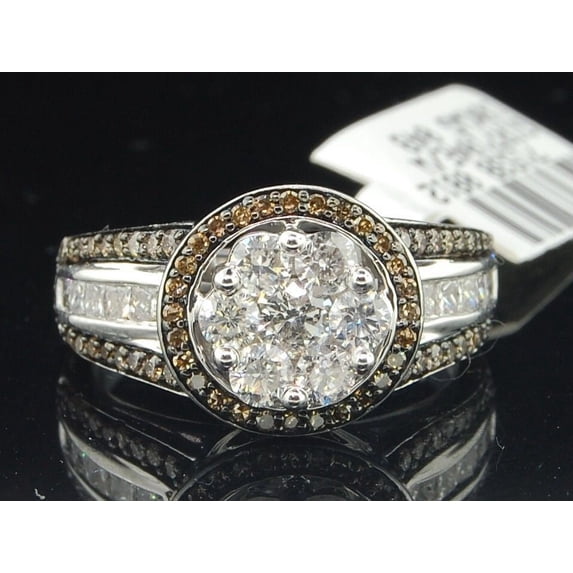 Ladies 10K White Gold Flower Halo Brown Diamond Engagement Fashion Cocktail Ring