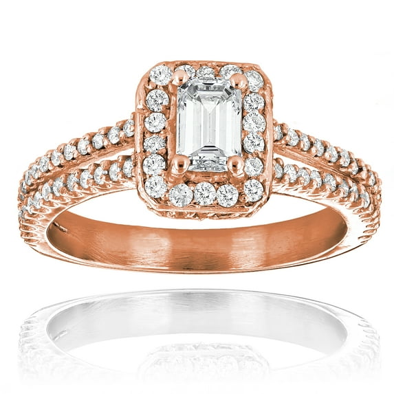 Ladies 14K Halo Emerald Cut Natural 1.2 Ctw Diamond Unique Engagement Ring (Rose Gold Size 5.5)