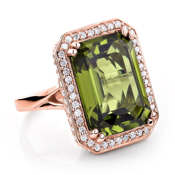 Ladies 14K Peridot Quartz Gemstone Natural Diamond Cocktail Ring (Rose Gold Size 7)