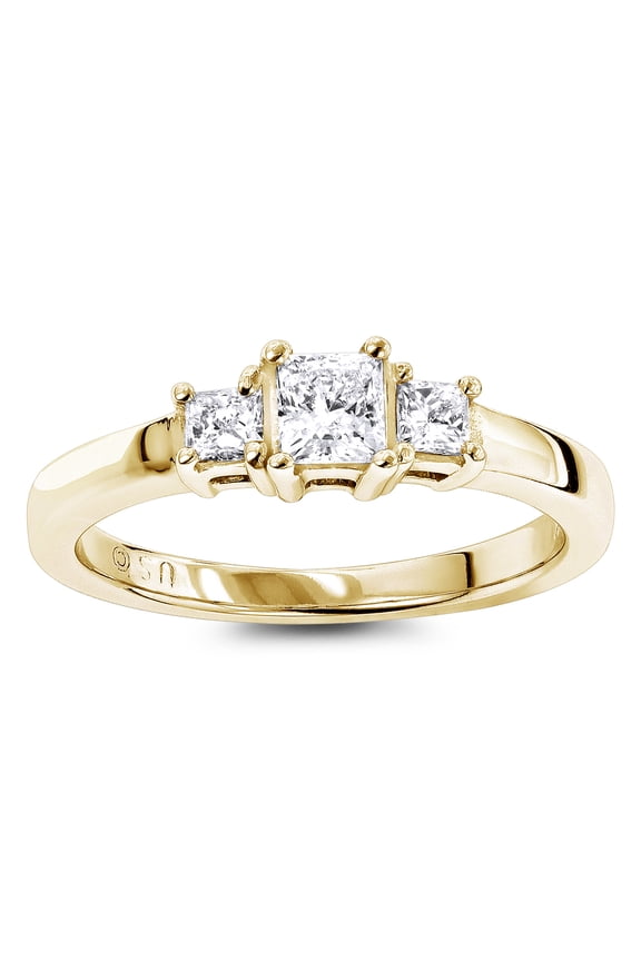 Ladies 14K Three Stone Natural 0.6 Ctw Diamond Engagement Ring For Her (Yellow Gold Size 6.5)