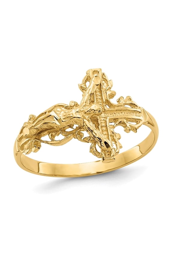 Gem & Harmony Ladies 14K Yellow Gold Diamond-cut Crucifix Cross Ring for Women