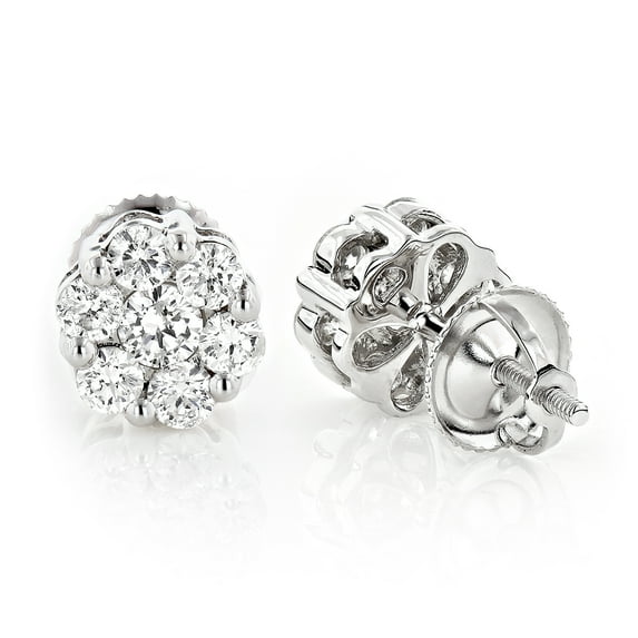 Ladies 14k Gold Natural Diamond Clusters Earrings Studs For Her (White Gold)