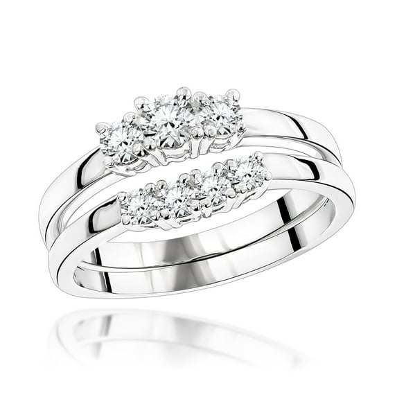 Ladies 18K Natural Diamond Three Stones Engagement Ring Set For Her (White Gold Size 6.5)