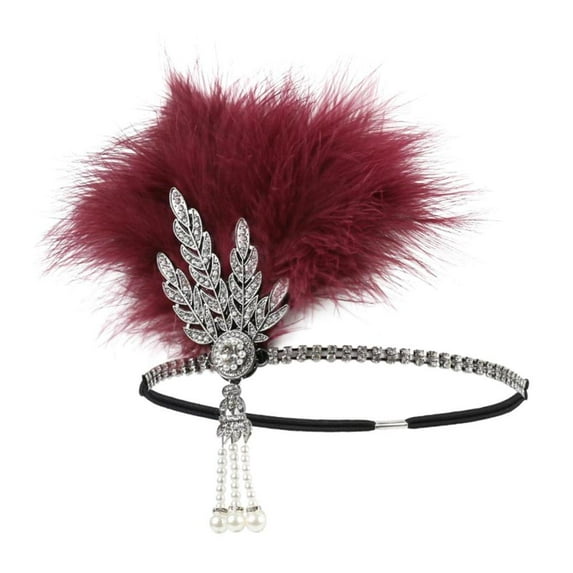 Ladies 1920s Headband 20s Feather Beaded Hair Band Headband Headdress Costume Cocktail Accessories - Red, 14cm