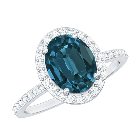 Rosec Jewels Ladies 2.25 CT Oval Cut London Blue Topaz Ring with Diamond Halo - December Birthstone Ring, 925 Sterling Silver, US 4.00
