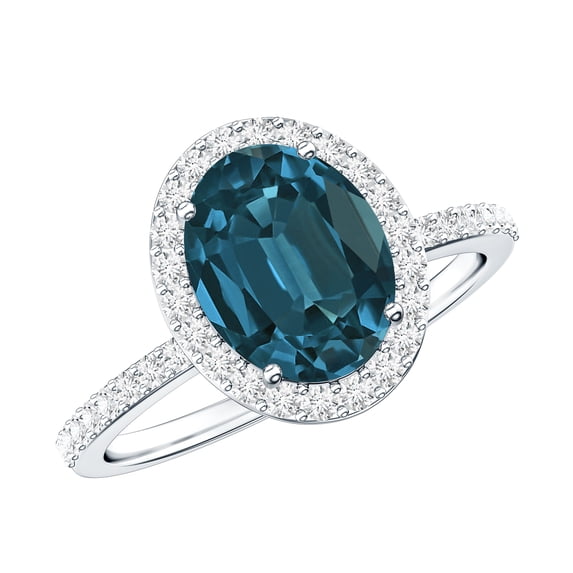 Rosec Jewels Ladies 2.5 CT Oval Cut London Blue Topaz Ring with Diamond Halo - December Birthstone Ring, 925 Sterling Silver, US 4.00