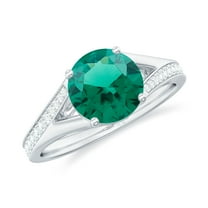 Rosec Jewels Ladies 2.50 CT Round Shaped Lab Created Emerald Split Shank Solitaire Ring with Diamond, 925 Sterling Silver, US 4.00