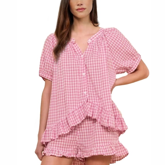Ladies 2 Piece Pajama Set, Chroia Gingham Ruffle Puff Sleeve Babydoll Shirt Shorts Summer Lounge Outfits